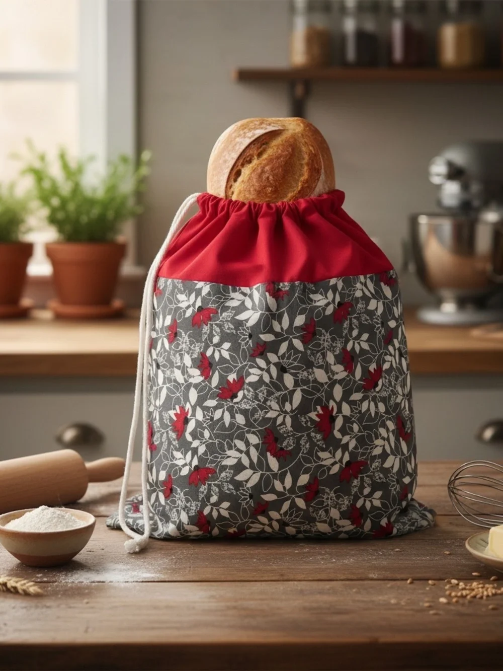 Red Floral Vine Cotton Bread Bag, Cloth Reusable Bread Storage Bag, Handmade Bag